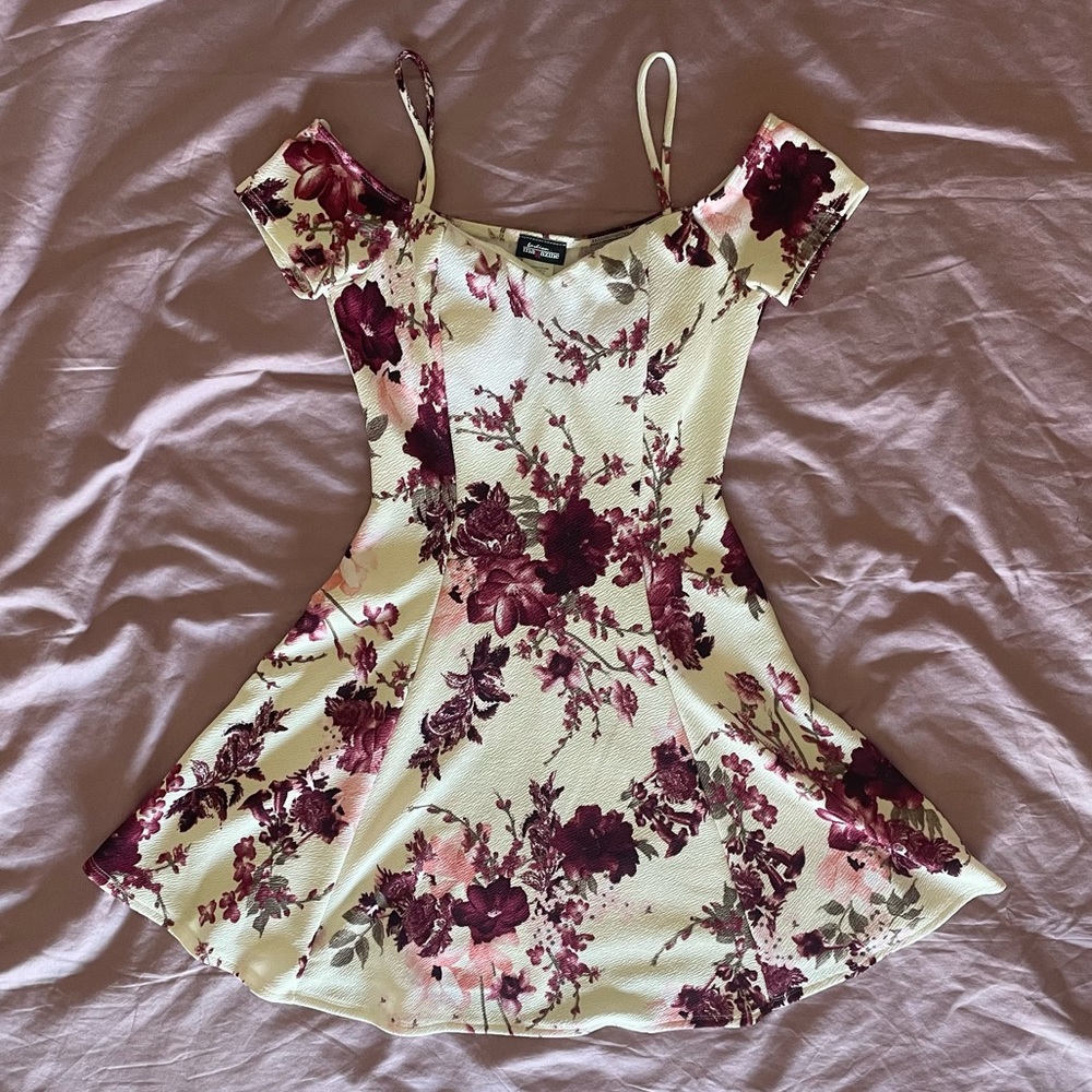 Cream Colored Off The Shoulder Flower Dress